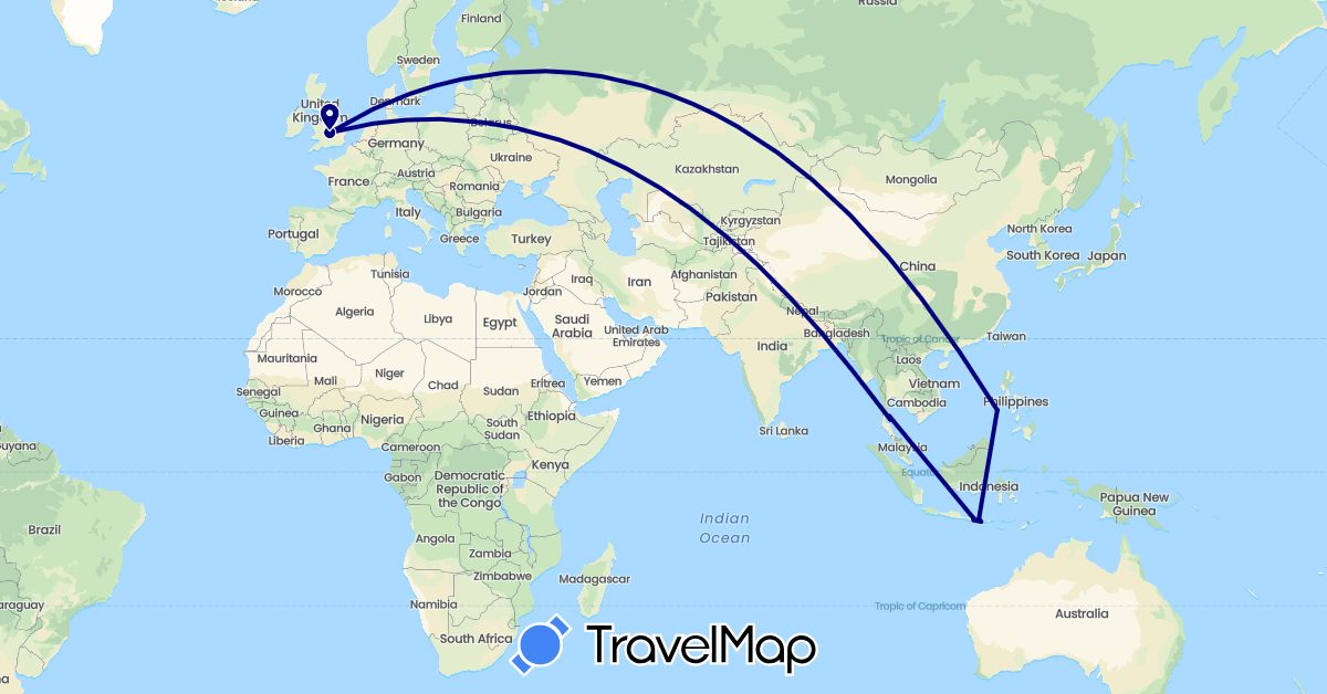 TravelMap itinerary: driving in United Kingdom, Indonesia, Philippines, Thailand (Asia, Europe)